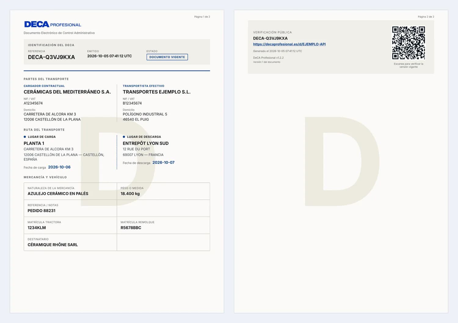 PDF del DeCA que genera la API para el ejemplo de esta página: referencia DECA-Q3VJ9KXA, cargador, transportista, ruta Castellón–Lyon, mercancía y matrículas; en la segunda página, la verificación pública con el QR y su URL