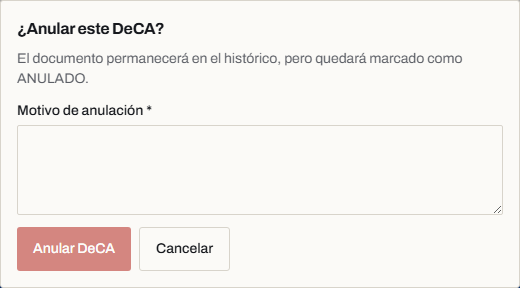 Confirmación de anulación de un DeCA en DeCA Profesional