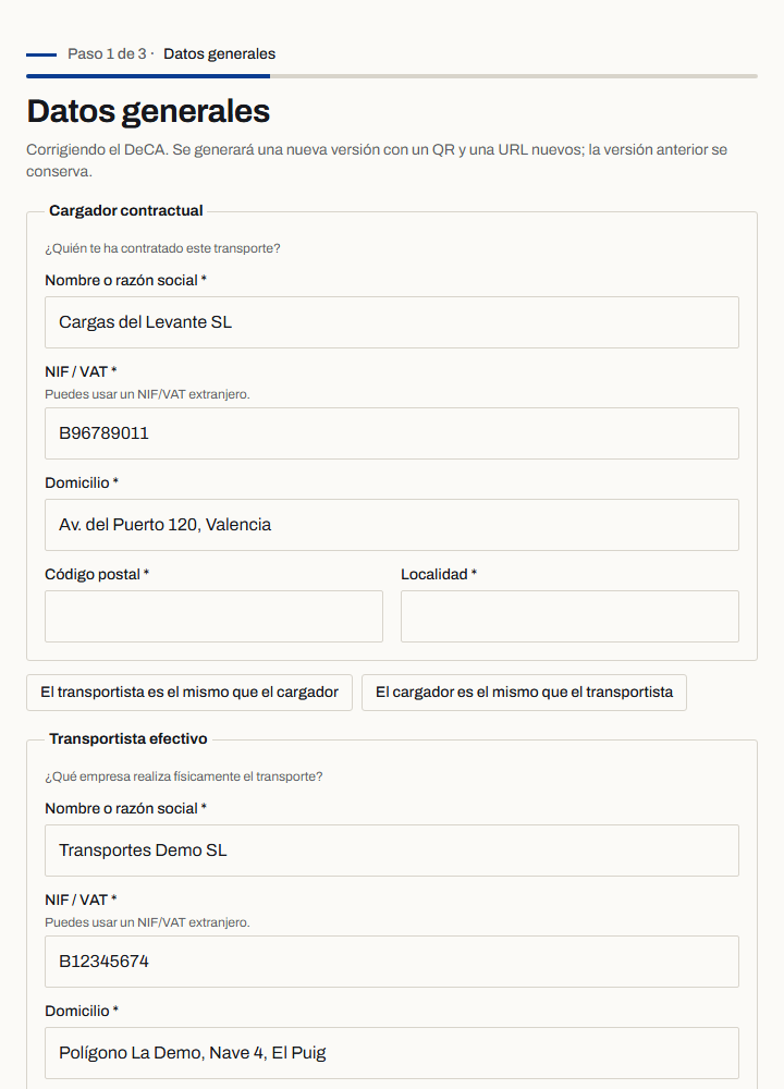 Asistente de corrección con los datos del DeCA cargados