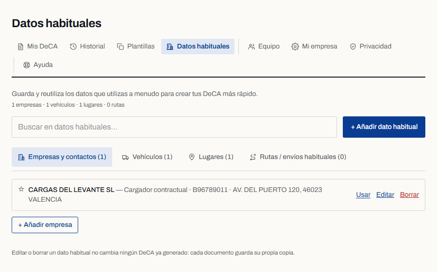 Sección de datos habituales