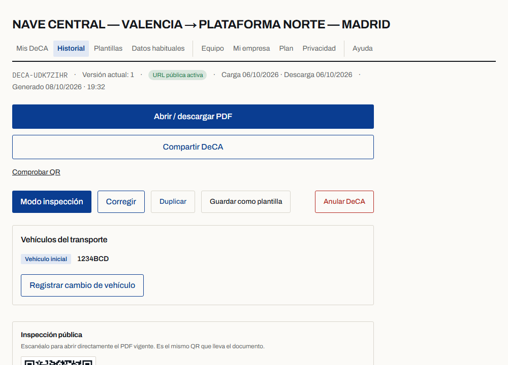 Ficha del DeCA con su estado y sus acciones