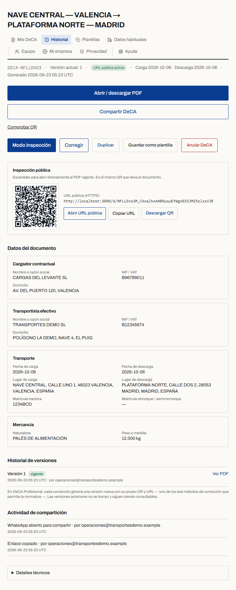 Panel de inspección pública de un DeCA, con su código QR y su URL