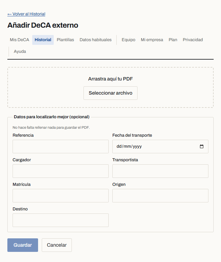 Formulario para añadir un DeCA externo
