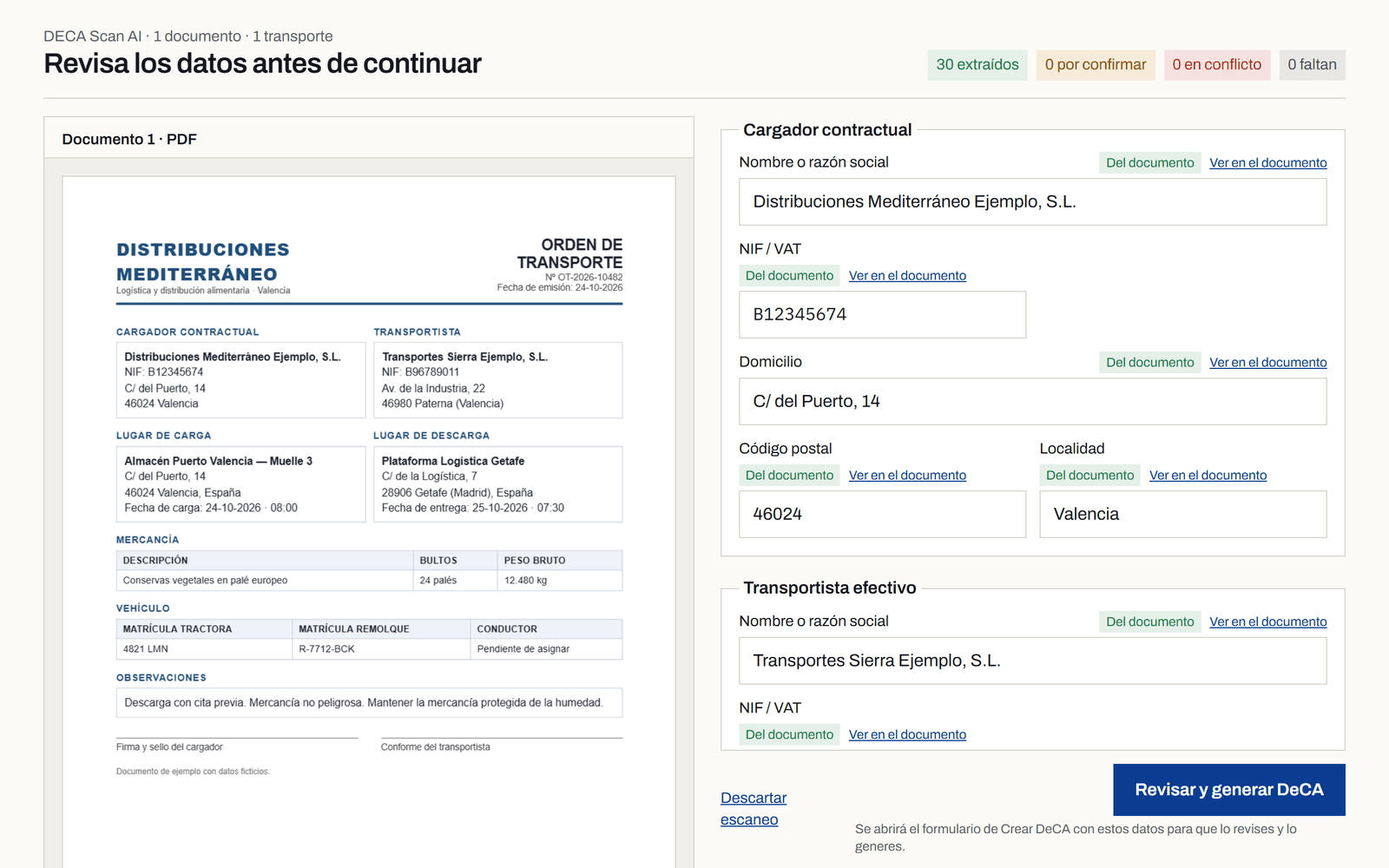 Revisión de DECA Scan AI: el documento a la izquierda y los datos extraídos a la derecha