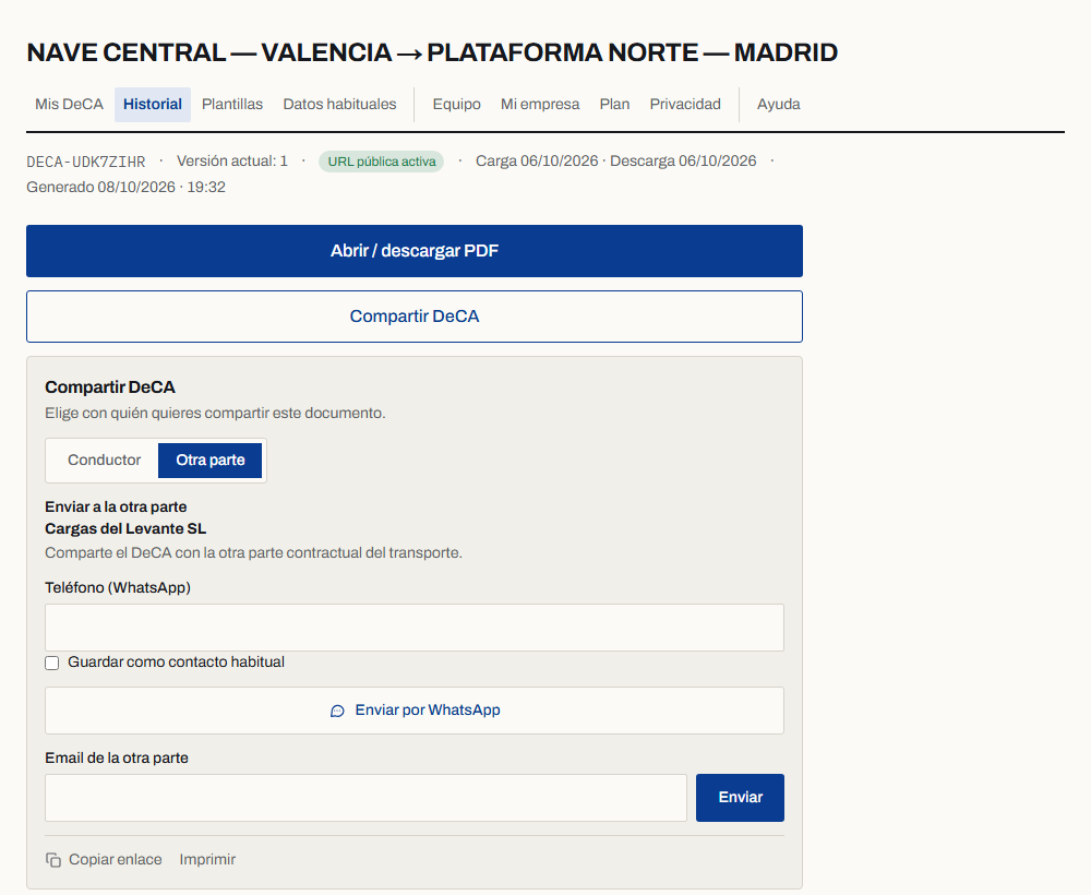 Envío del DeCA a la otra parte o al conductor