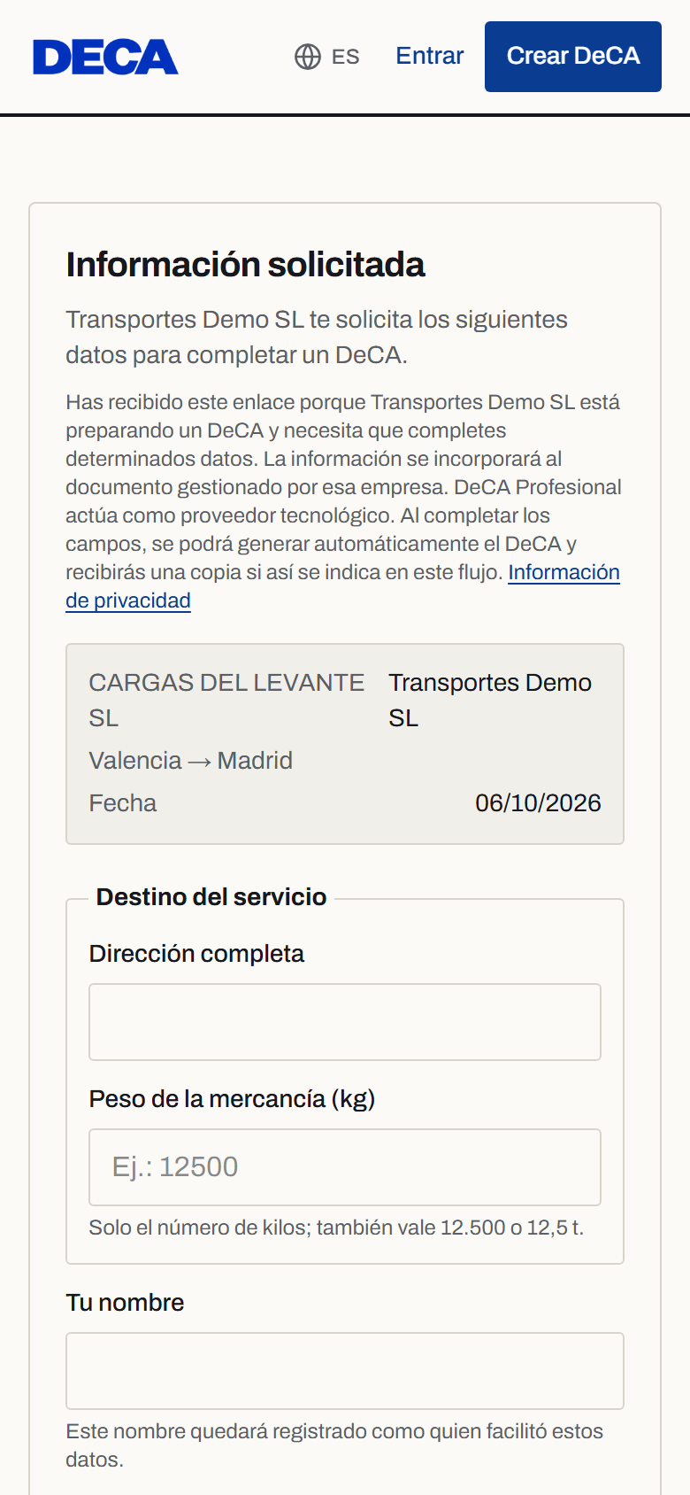 Formulario que recibe el conductor en el móvil