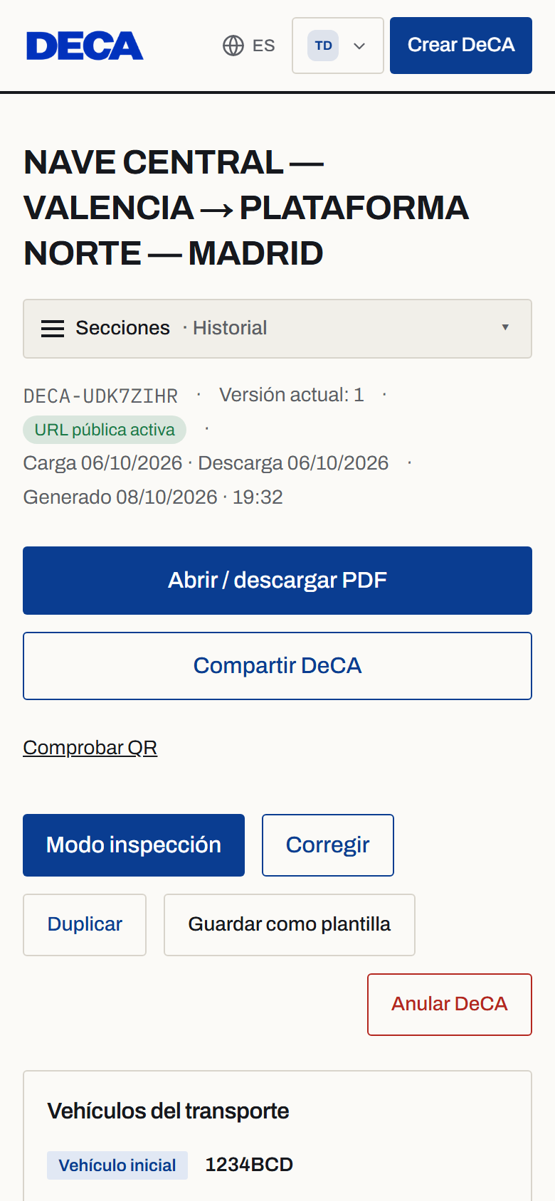Ficha del DeCA en el móvil