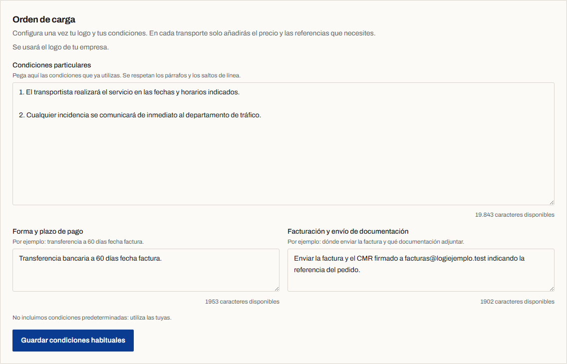 Configuración de la orden de carga digital en Mi empresa: condiciones particulares, forma de pago y facturación