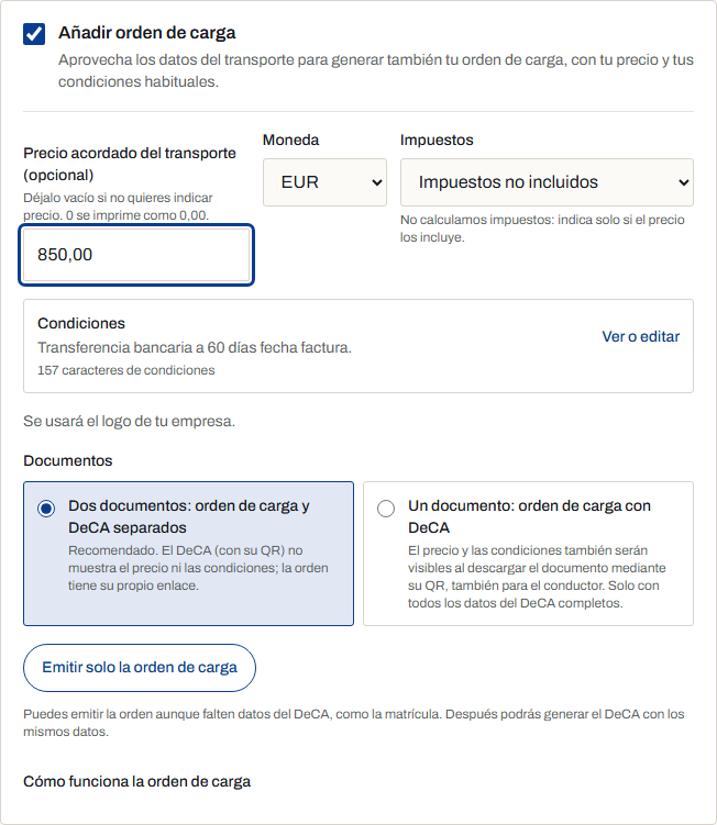Bloque «Añadir orden de carga digital» en el formulario del DeCA, con precio, impuestos, condiciones y formato