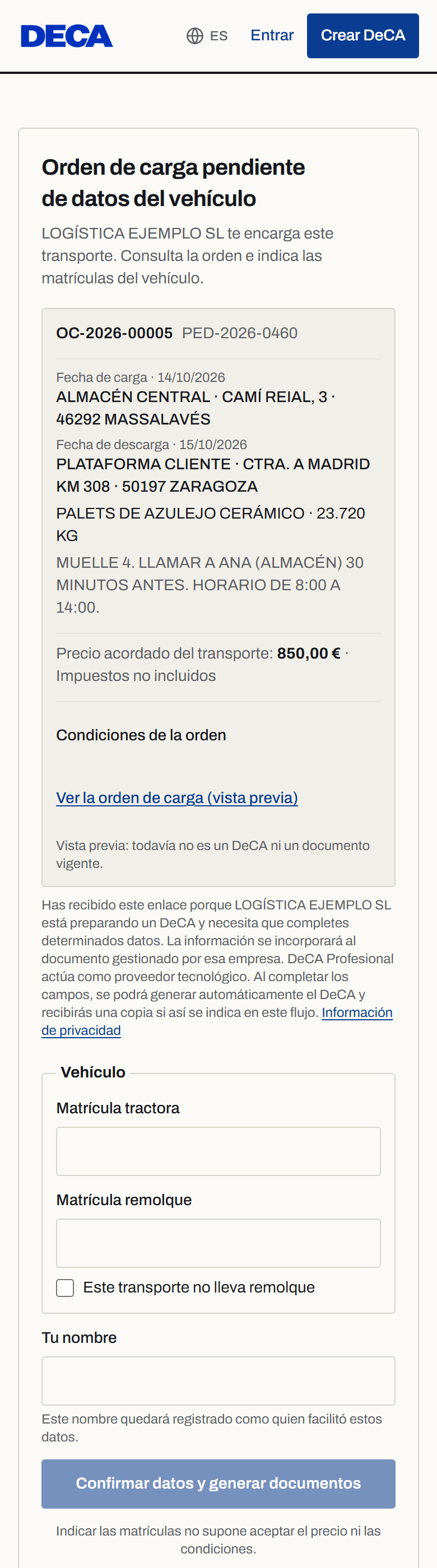 Pantalla móvil del transportista: encargo, precio, vista previa y matrículas
