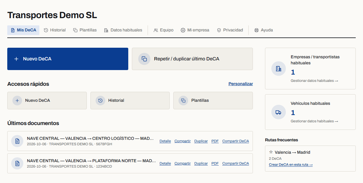 Pantalla de Inicio del panel con las acciones principales