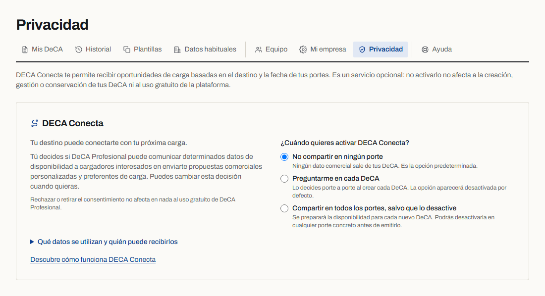 Opciones de privacidad de DECA Conecta