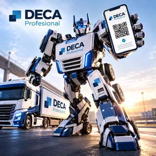 Robot con la imagen de DeCA Profesional junto a un camión, mostrando en un móvil el código QR de un DeCA de transporte de mercancías